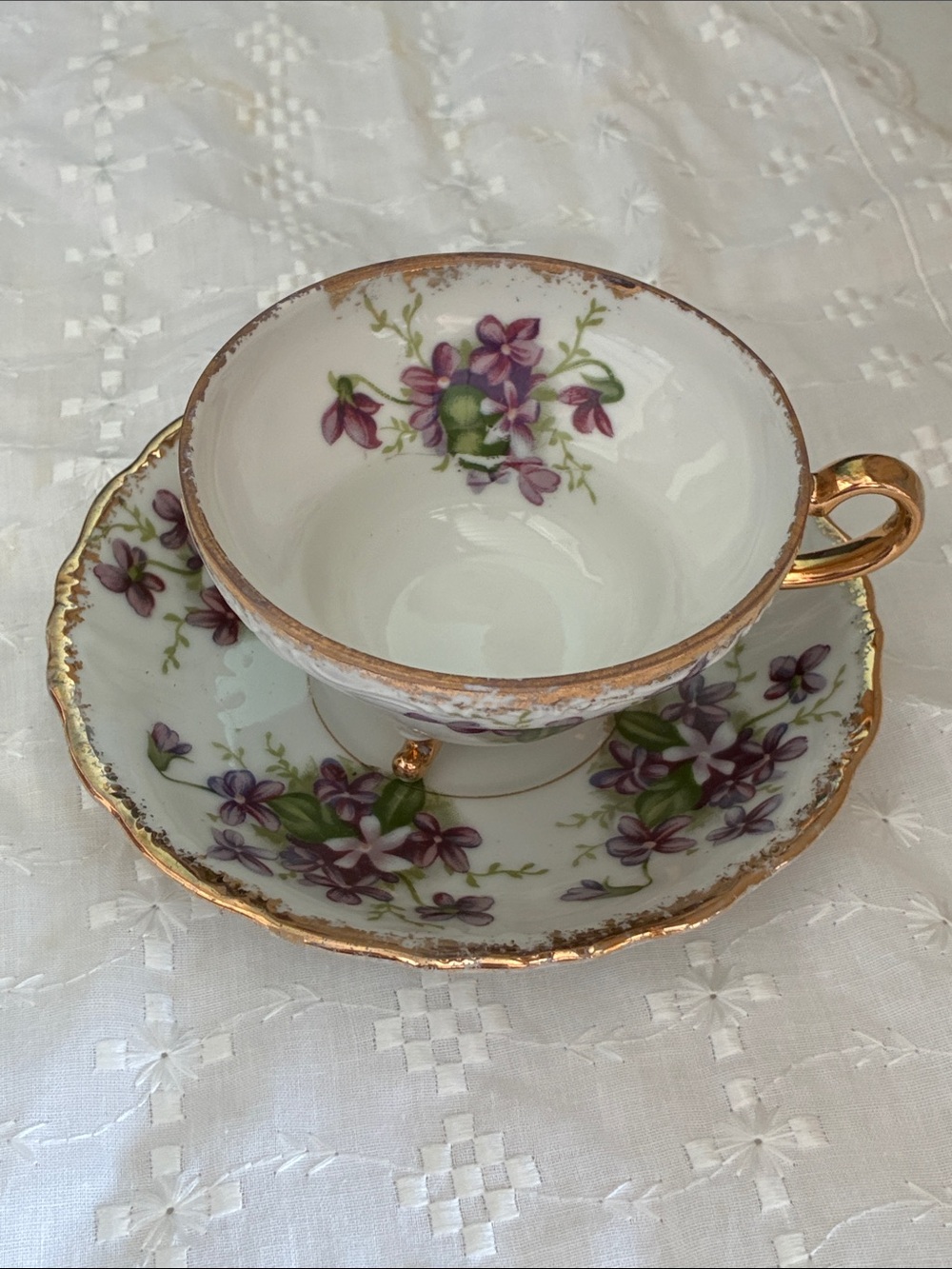 Purple Floral Gold-Trim Porcelain Teacup and Saucer